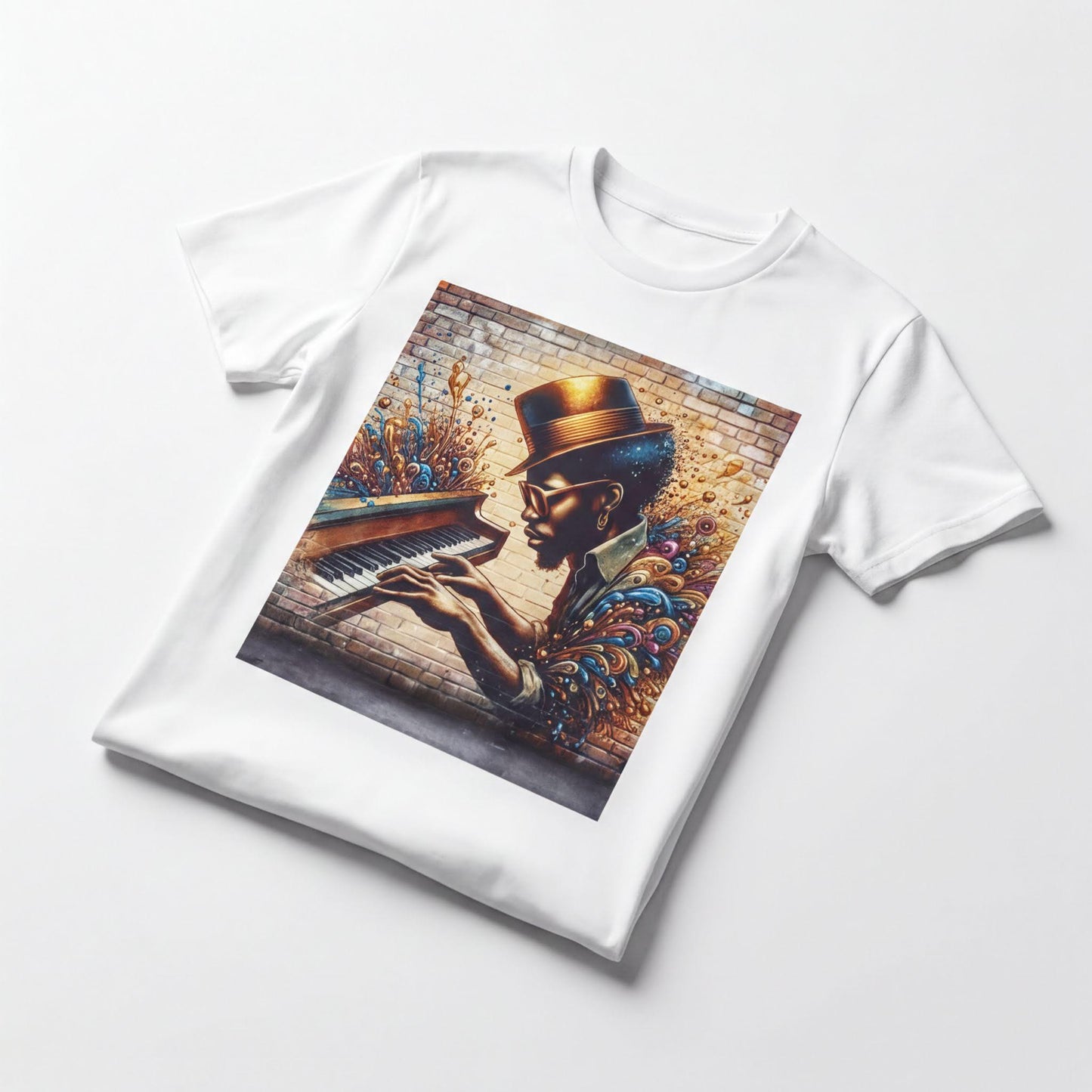 A white t-shirt with a printed image of a person playing a musical instrument, such as a piano or guitar, against a colorful background.