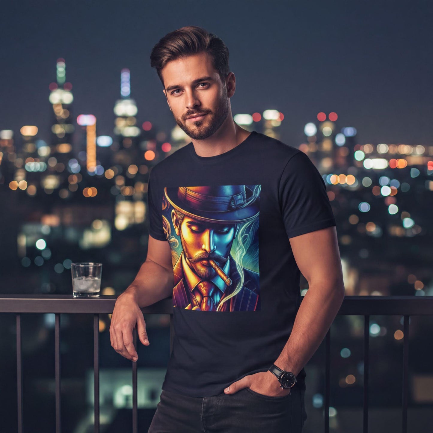 A man wearing a black t-shirt with a colorful graphic of a man smoking a pipe stands on a balcony, with a city skyline visible in the background at night.