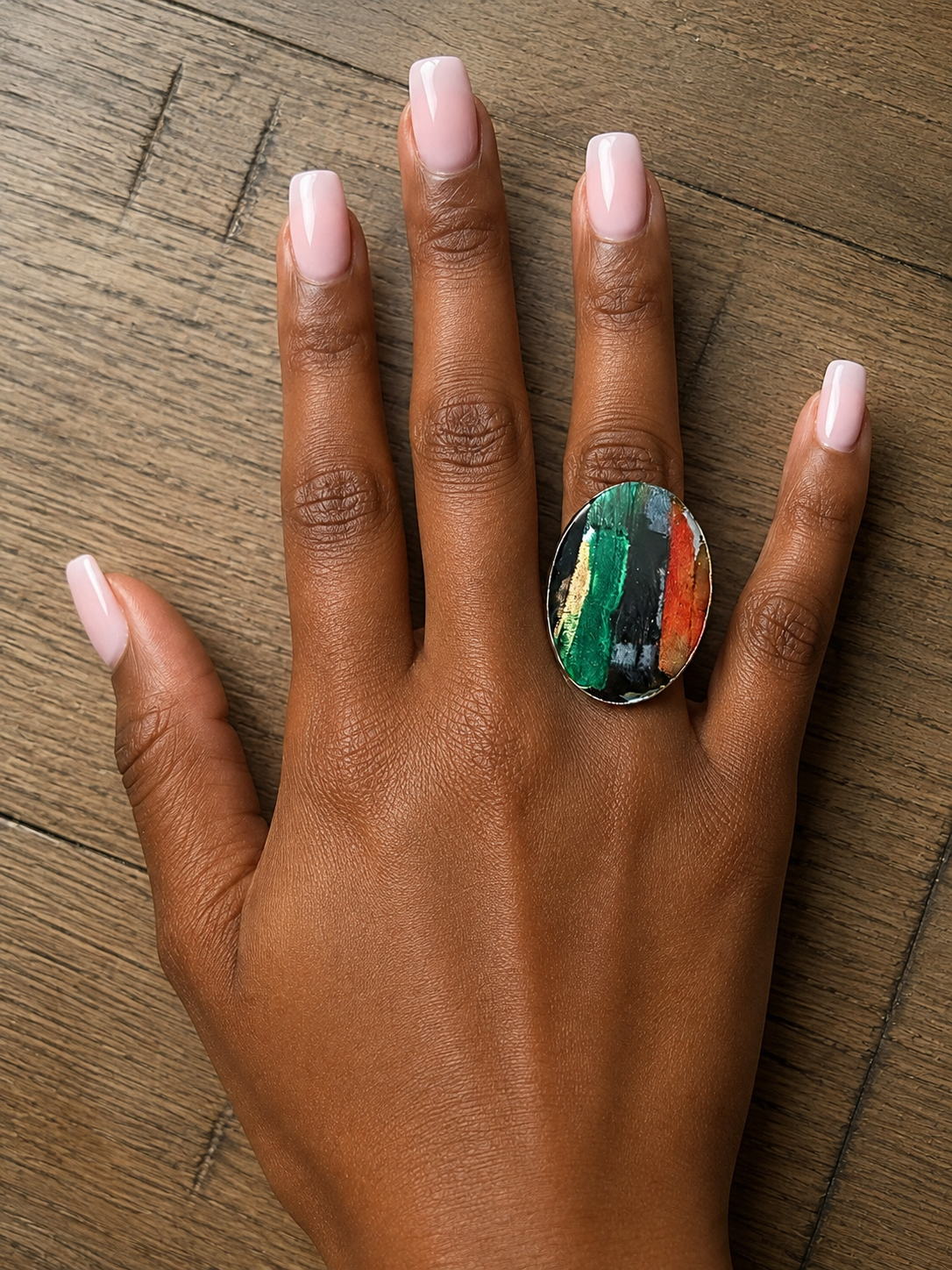 Hand-Painted Boho Statement Ring – Blue & Terracotta Adjustable Basswood Ring