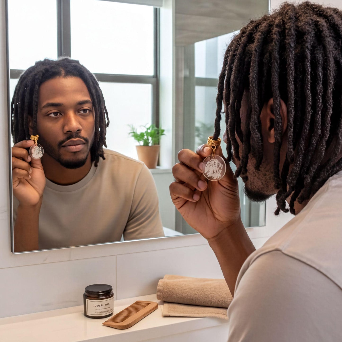 A man with dreadlocks is standing in front of a mirror, holding a small object in his hand. The mirror reflects a potted plant and a jar of lotion on the counter.