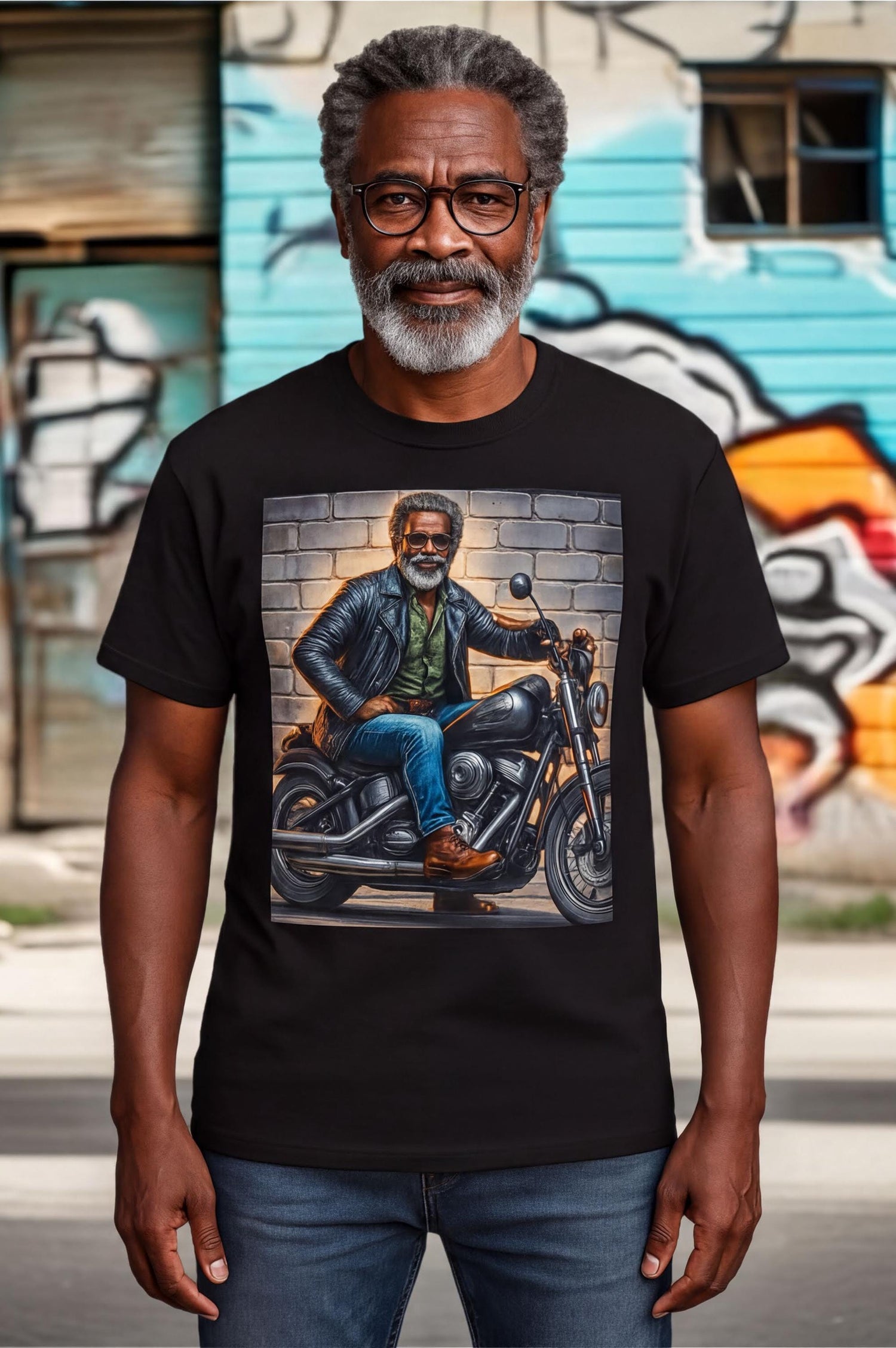 A man wearing a black t-shirt with a graphic of a man on a motorcycle.