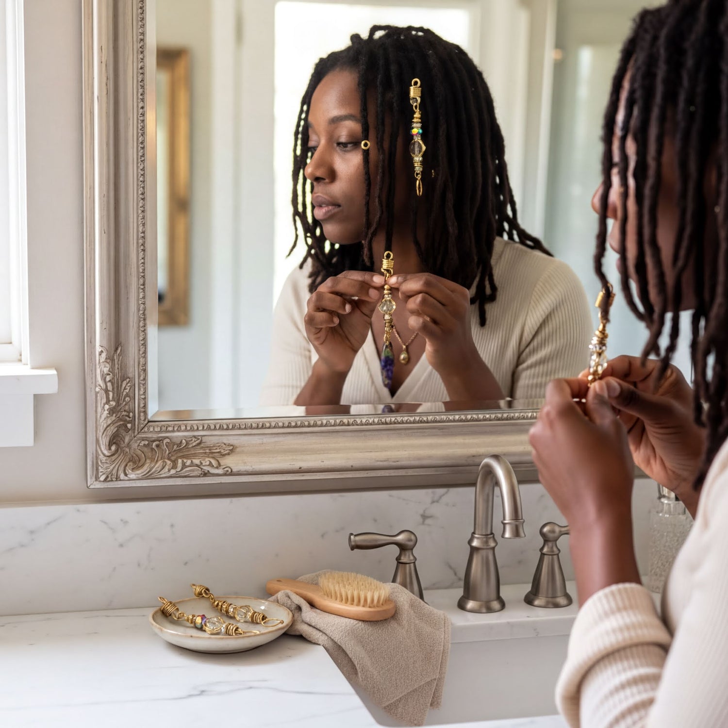 A woman with dreadlocks is standing in front of a bathroom mirror, adjusting her earrings and looking at herself.