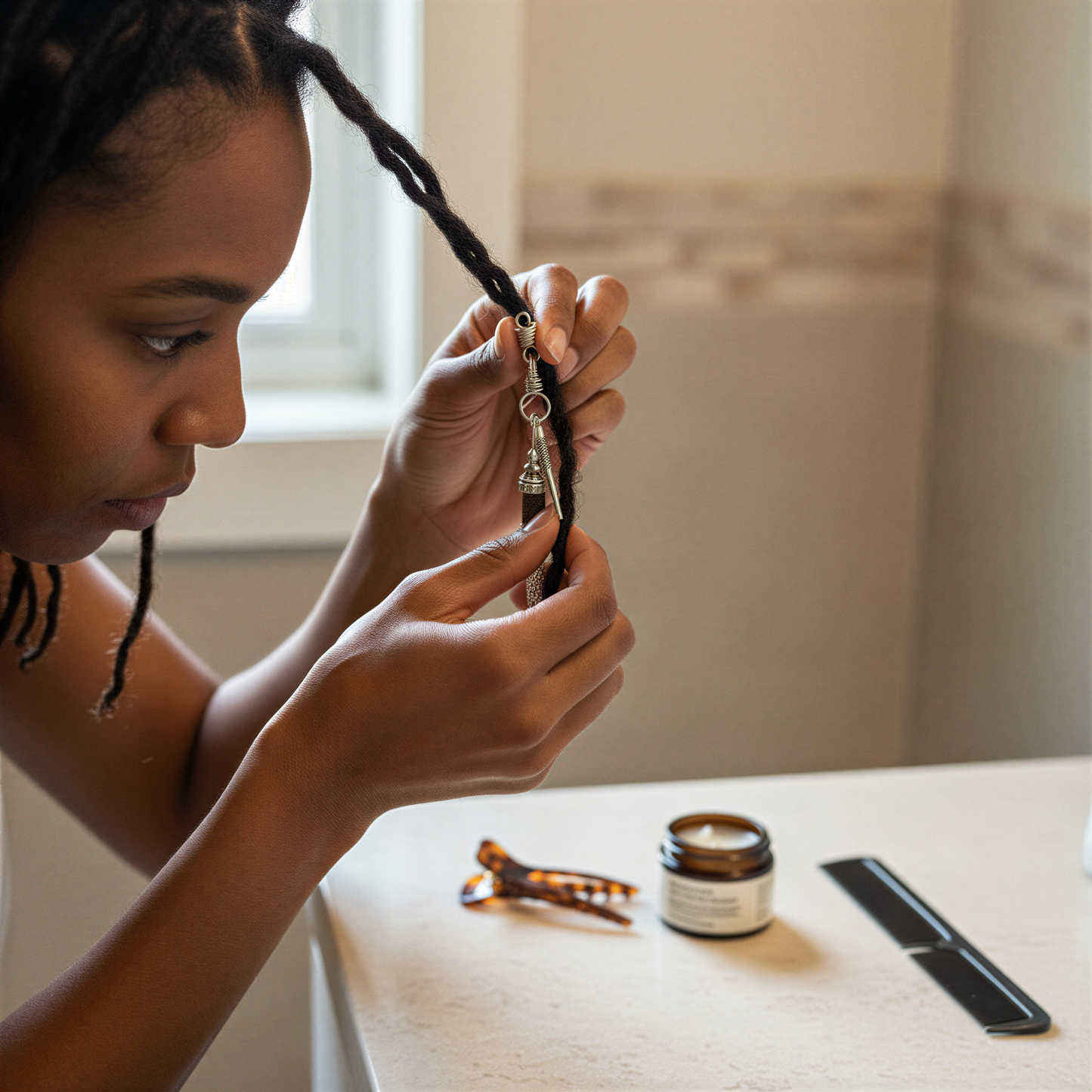 A woman is carefully braiding her hair, holding a hair accessory in her hands.