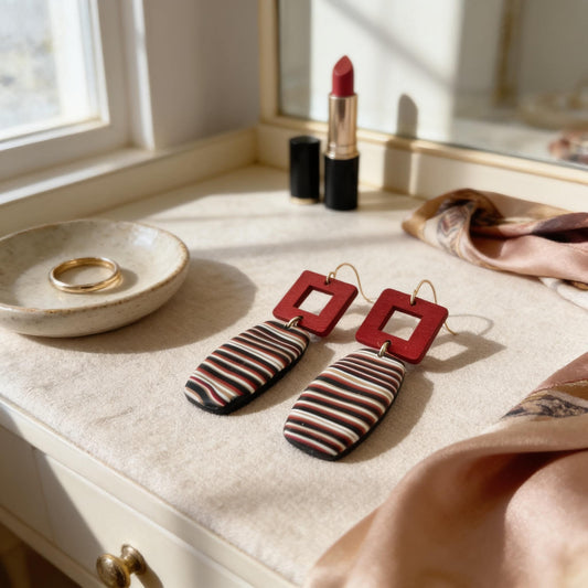 a pair of red and black striped earrings with a black and white striped pattern, placed on a white surface next to a mirror and a small bowl containing a ring and a tube of lipstick.