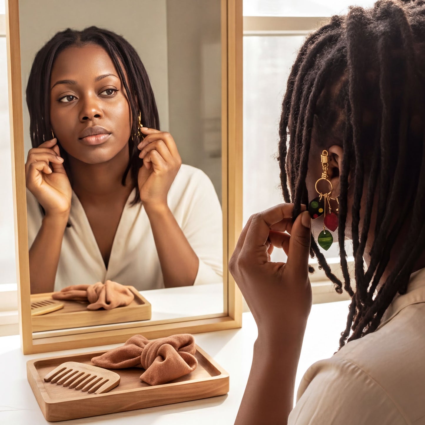 A woman with dreadlocks is seen in front of a mirror, adjusting her earrings and placing them in her ear.