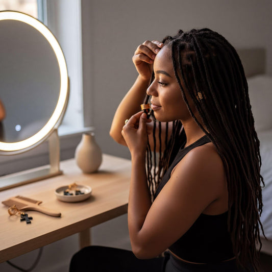 A woman with braided hair is sitting at a vanity, applying makeup in front of a mirror.