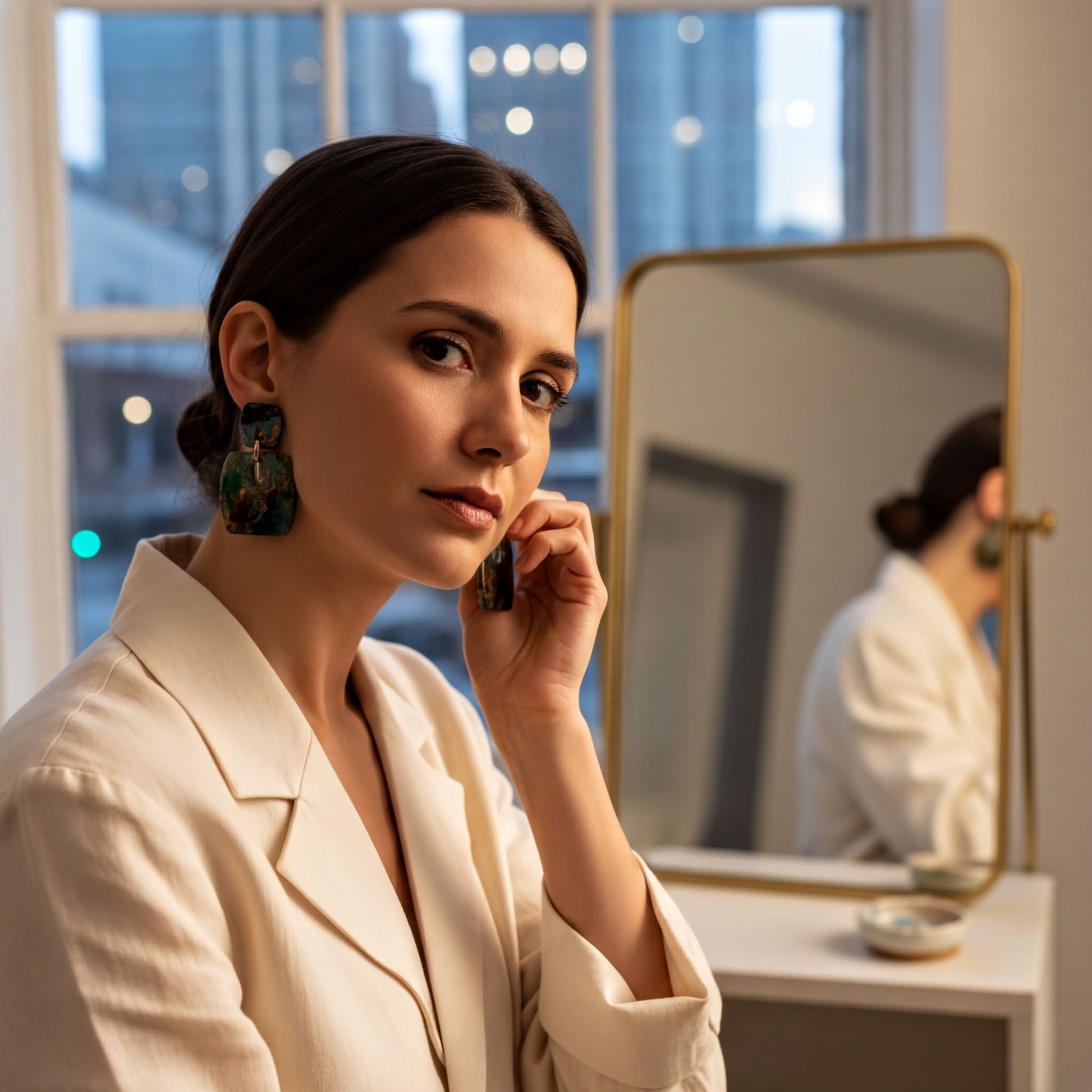 A woman in a white blazer and large earrings is seen in a room with a large mirror and a window, reflecting her image.