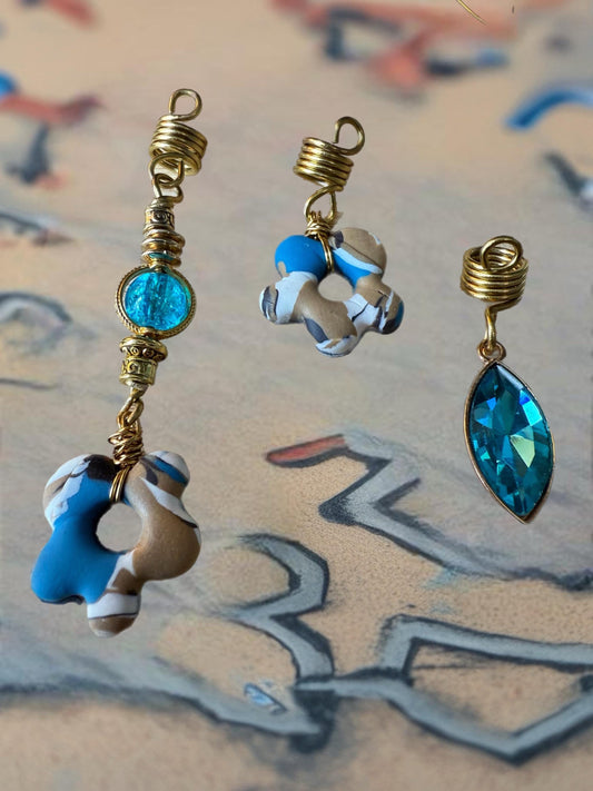 Blue Gemstone Loc Jewelry Set: Gold Wire Wrapped Hair Charms