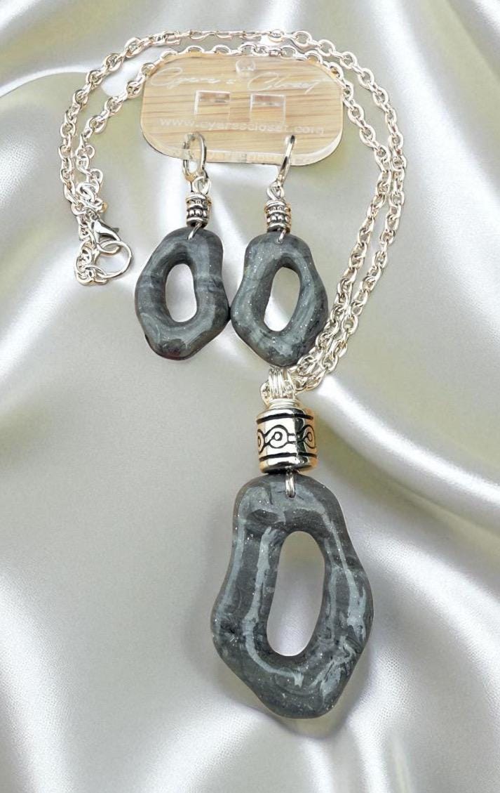 Designs by Cyere Mystic Obsidian Waves Earring and Necklace Jewelry Set