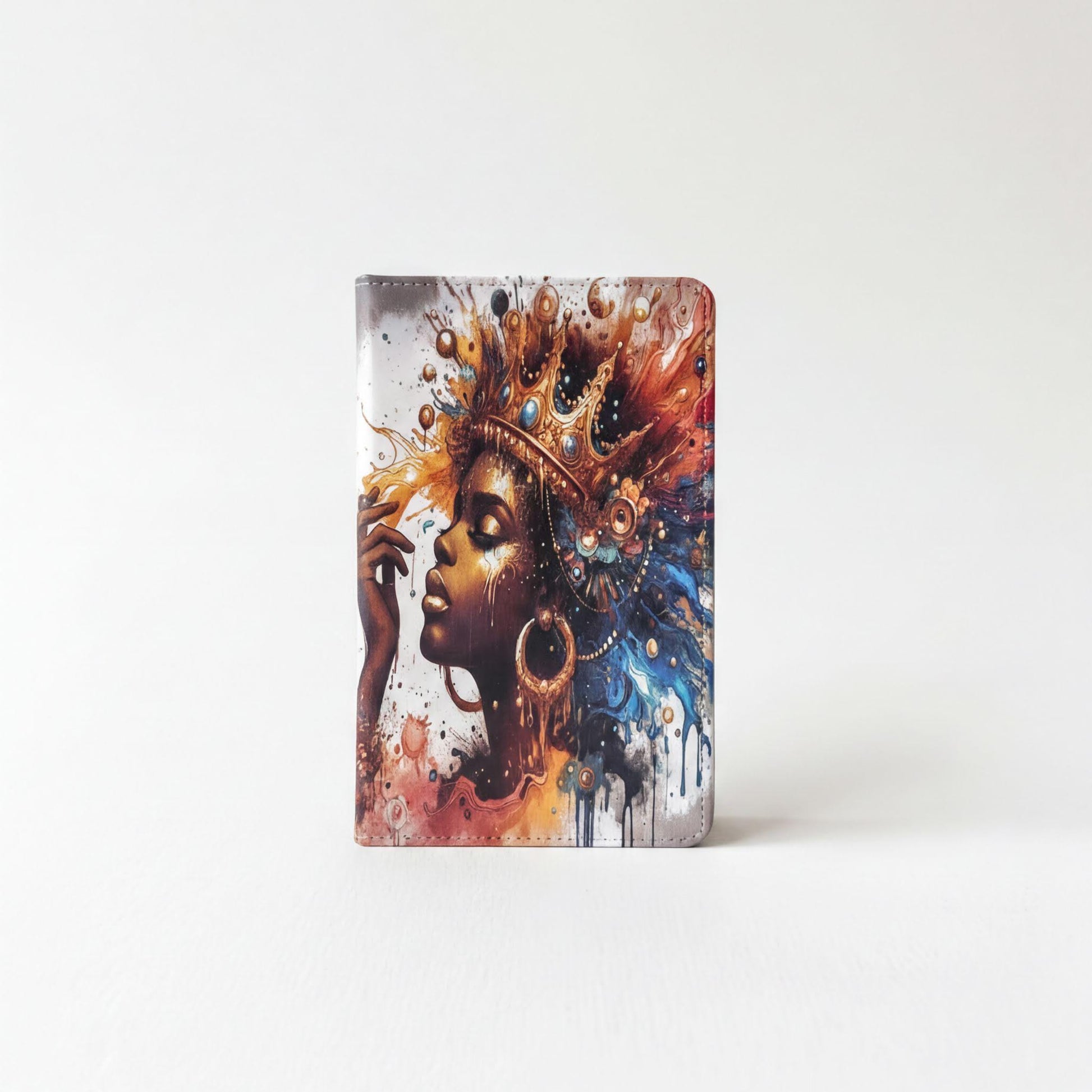 a square wallet with a vibrant, colorful design depicting a woman's face with an ornate headdress.