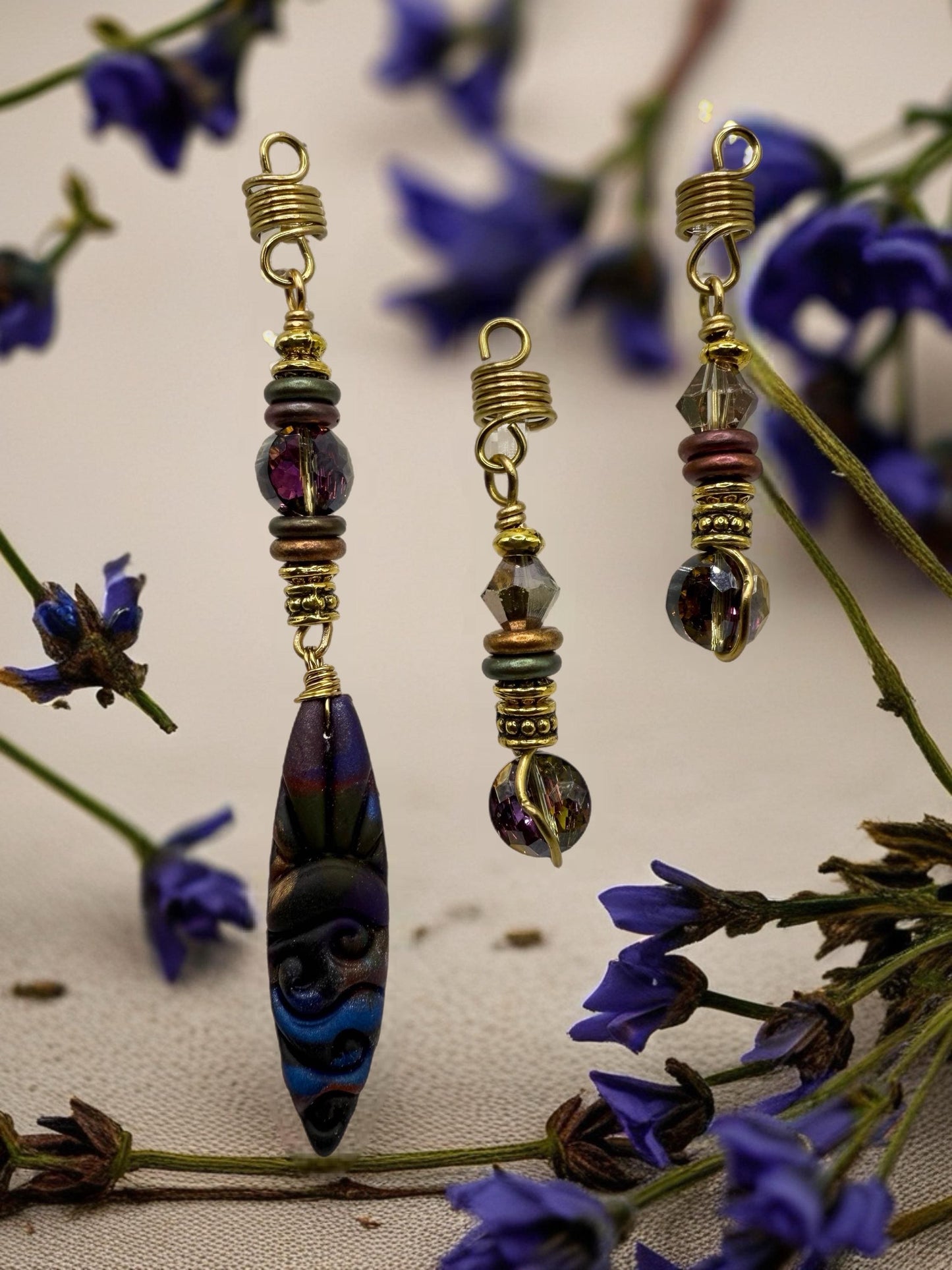 RoyalAura | Loc Jewelry Adornment Set - Jewel-Toned Glass, Gold Wire, Polymer Charm, Braided Wear