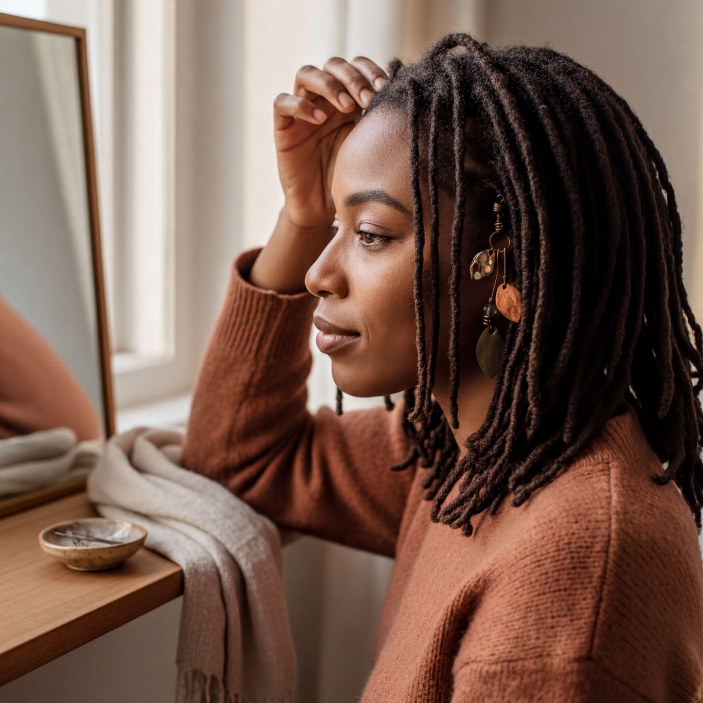 A woman with long, dark hair is sitting at a desk, looking pensive and touching her hair. She is wearing a brown sweater and has a scarf draped over her arm.