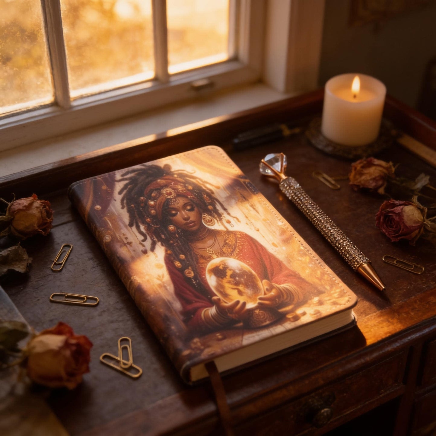a wooden desk with a notebook, a candle, and some flowers. The notebook has an artistic design on the cover, and the candle is lit, casting a warm glow on the scene.