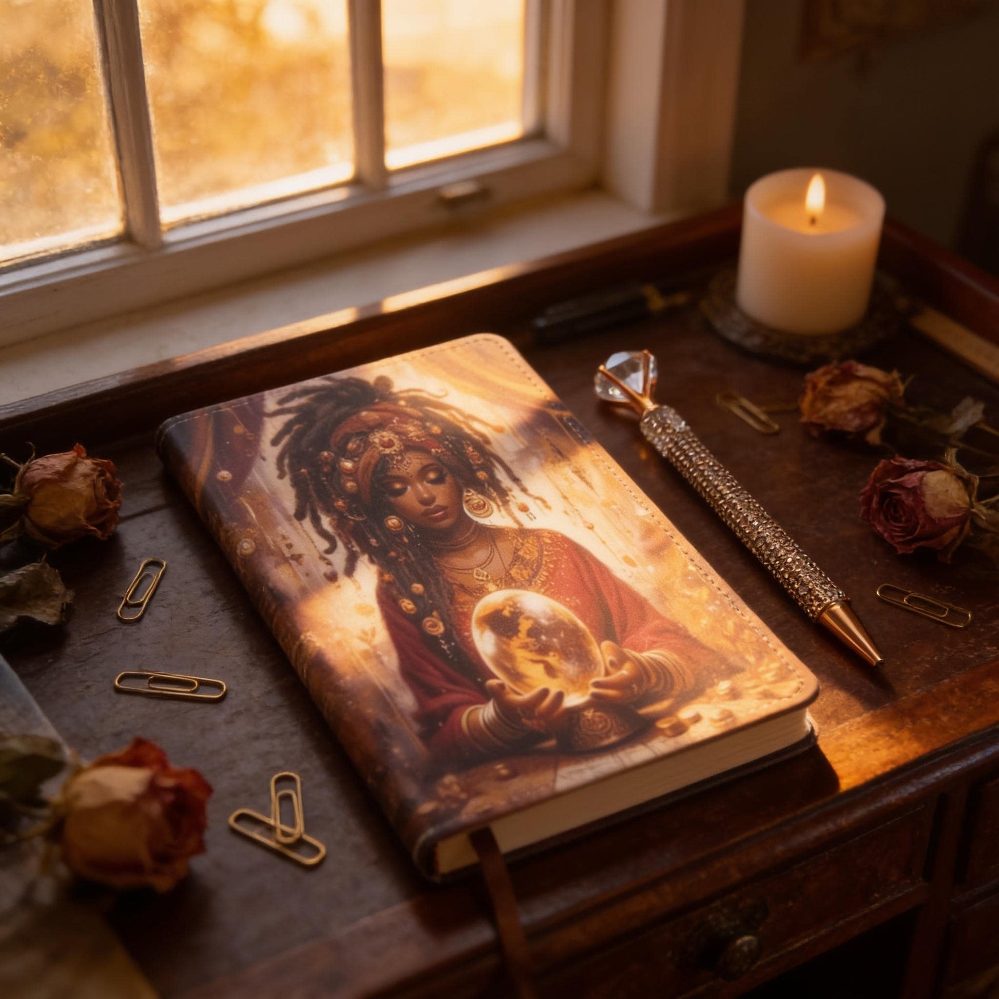 a wooden desk with a notebook, a candle, and some flowers. The notebook has an artistic design on the cover, and the candle is lit, casting a warm glow on the scene.
