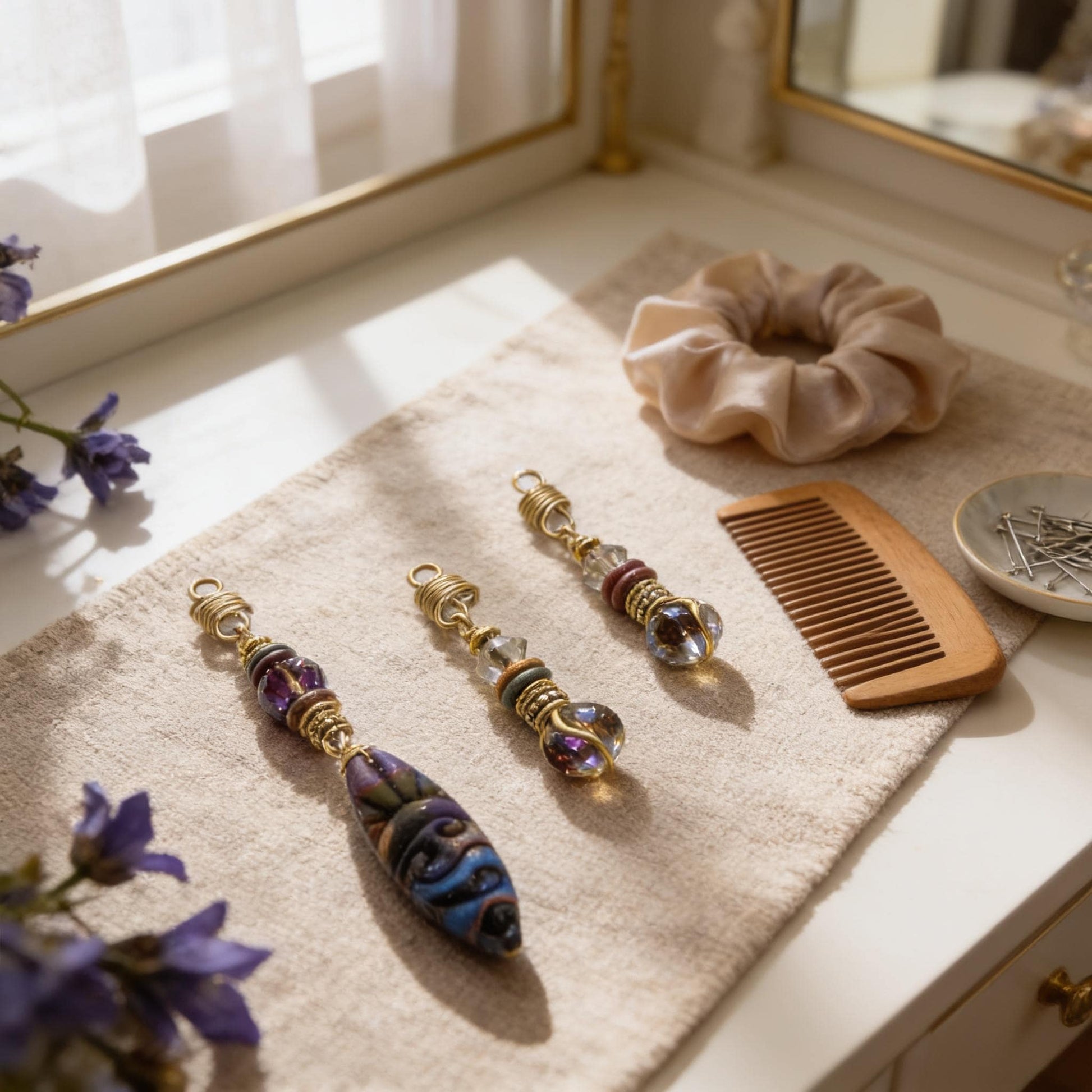 a vanity table with various accessories, including a wooden comb, a pair of earrings, and a hair clip.
