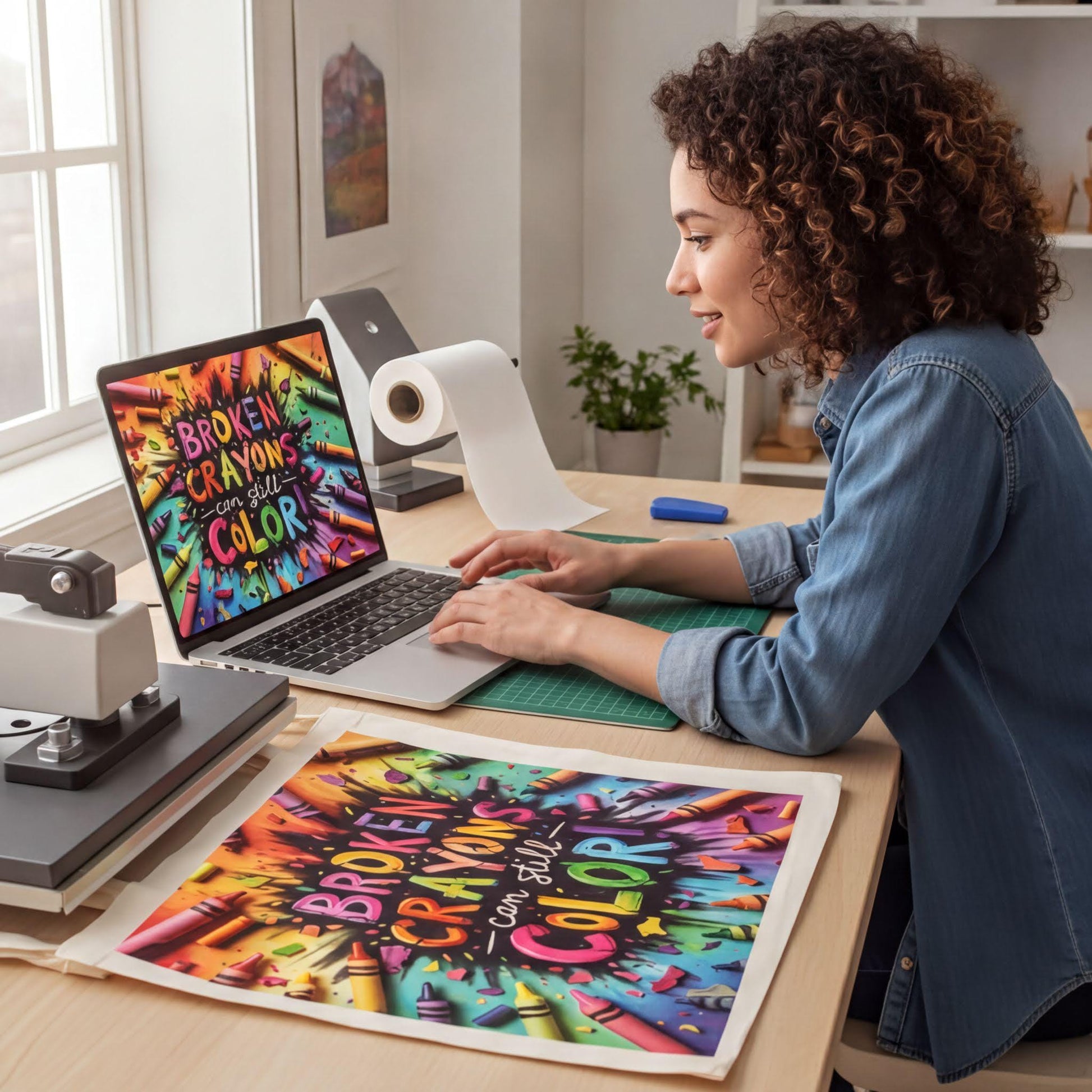A woman is sitting at a desk, working on a laptop computer. The laptop screen displays a colorful image of broken crayons, and there is a printed canvas with the same image on it.