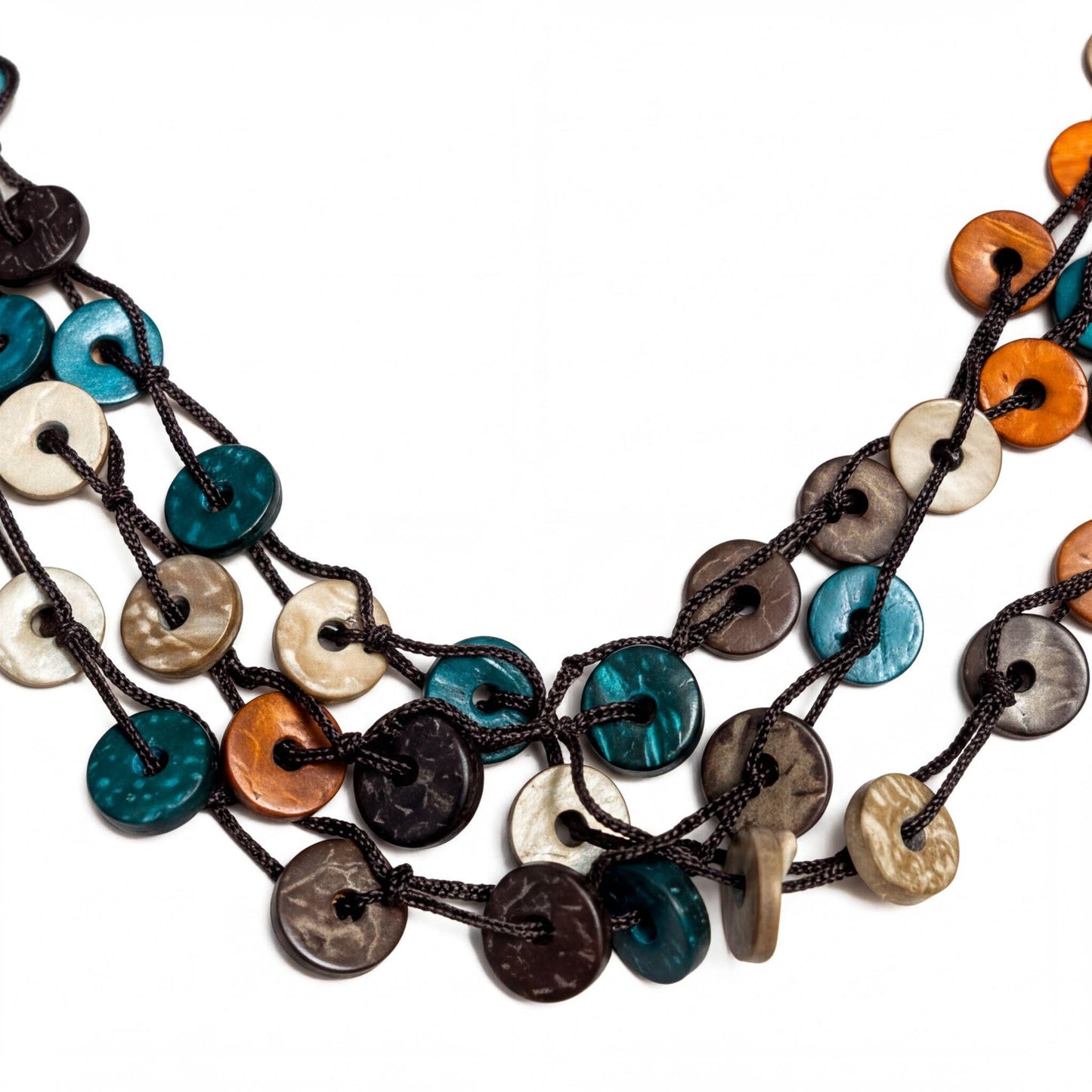 A colorful beaded necklace with various shades of blue, brown, and orange beads arranged in a layered design.