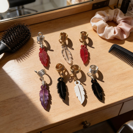 A collection of colorful feather earrings and hair accessories are arranged on a wooden surface, along with a hairbrush and a scrunchie.