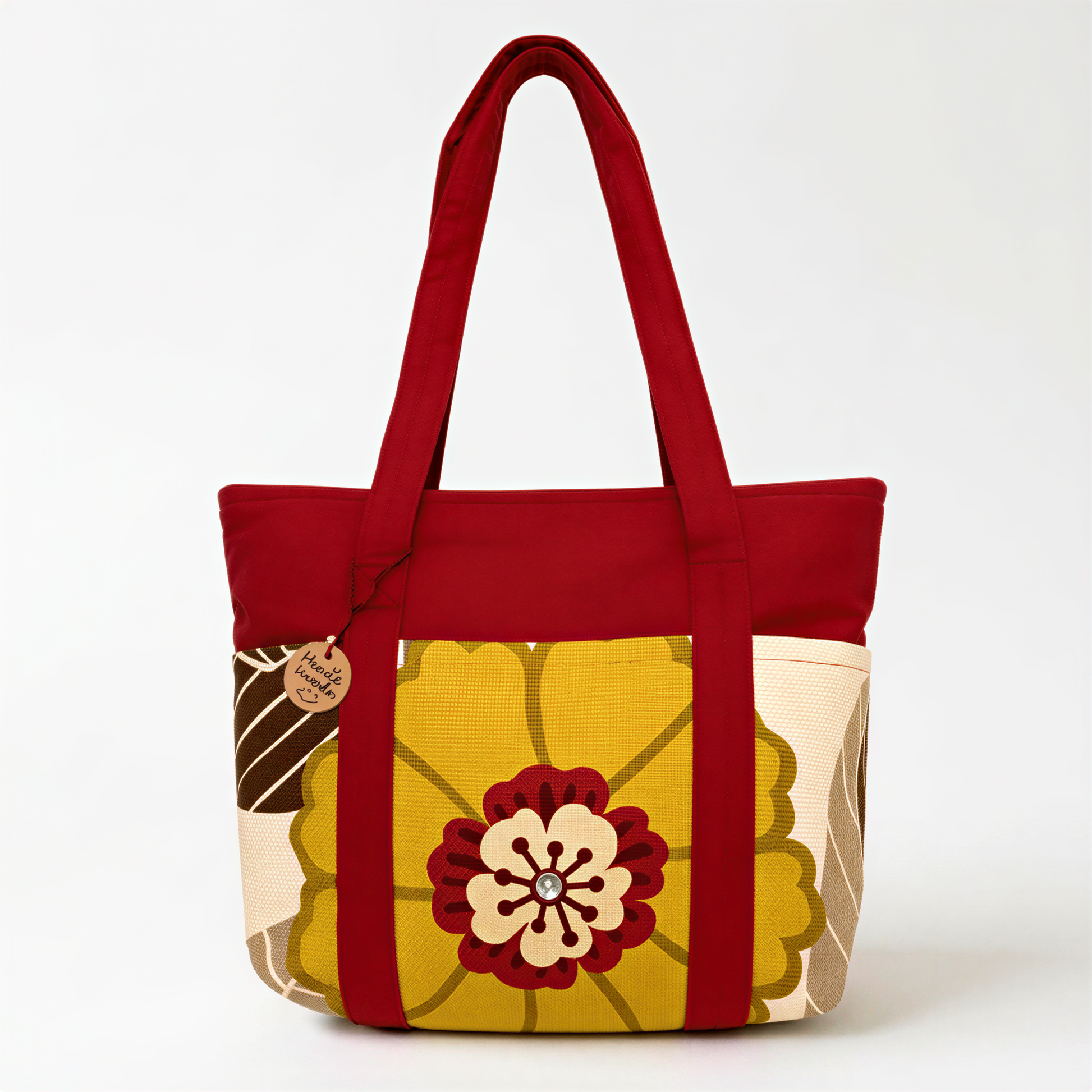 A red tote bag with a yellow and red floral pattern, featuring a large flower design in the center.