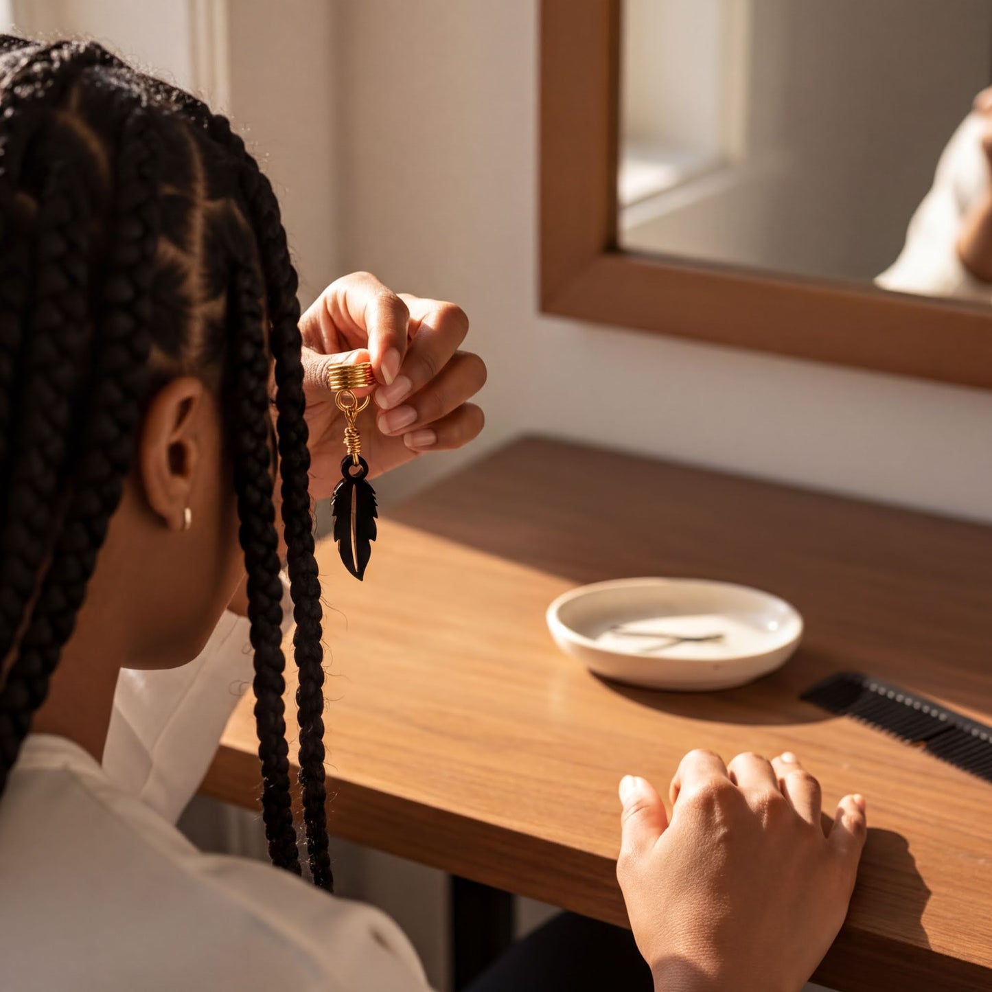 A person with braided hair is sitting at a wooden table, holding a small object in their hand.