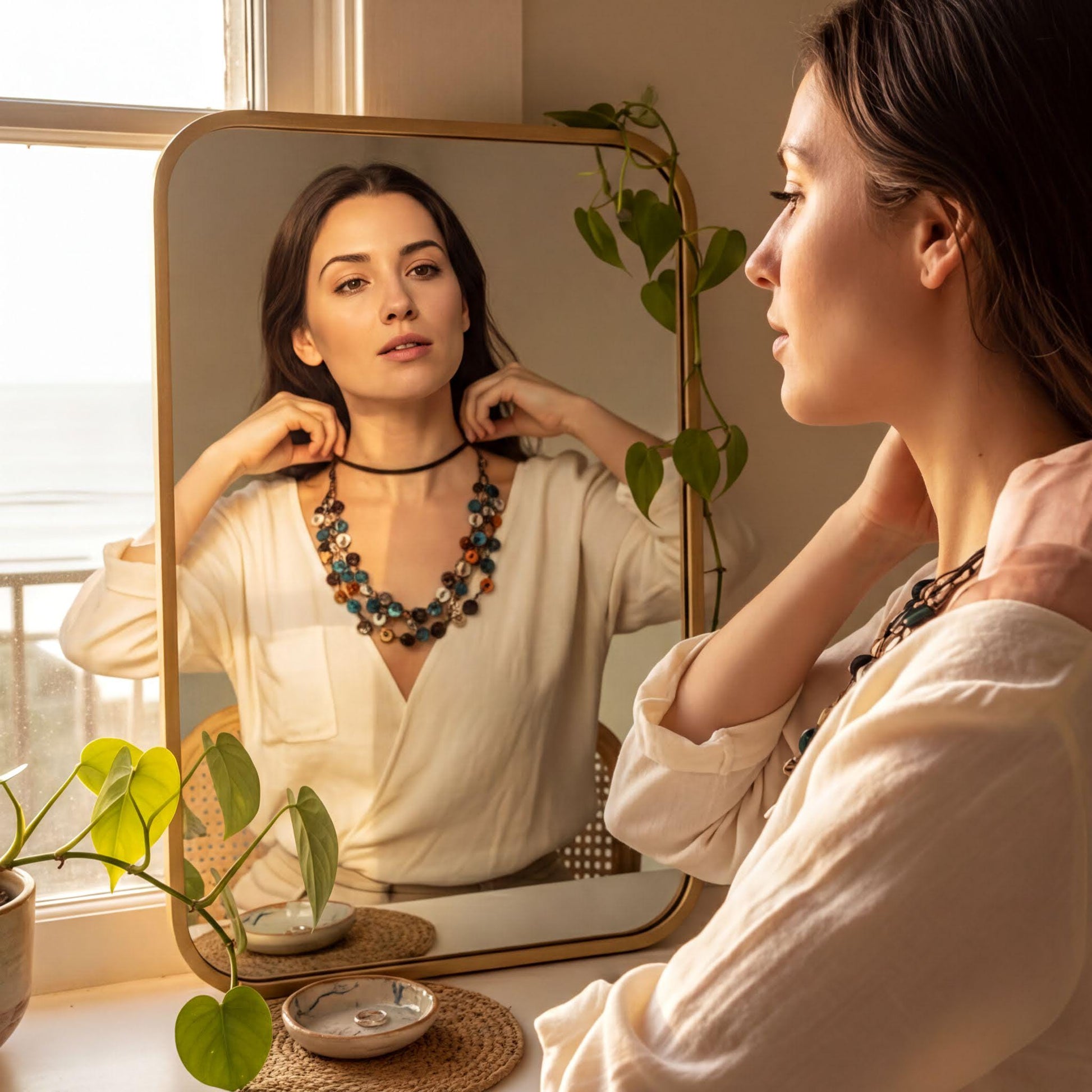 A woman in a white blouse is adjusting her colorful necklace in front of a mirror, with a potted plant and a small bowl on a table nearby.