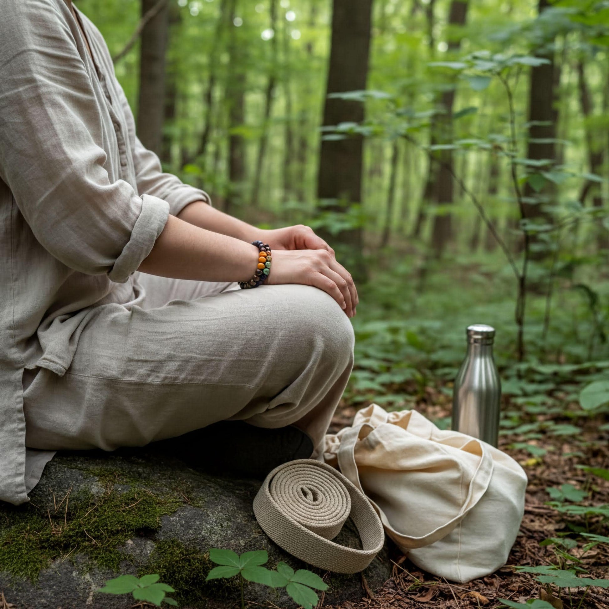 A person sitting on a rock in a forest, wearing a beige outfit and surrounded by nature.