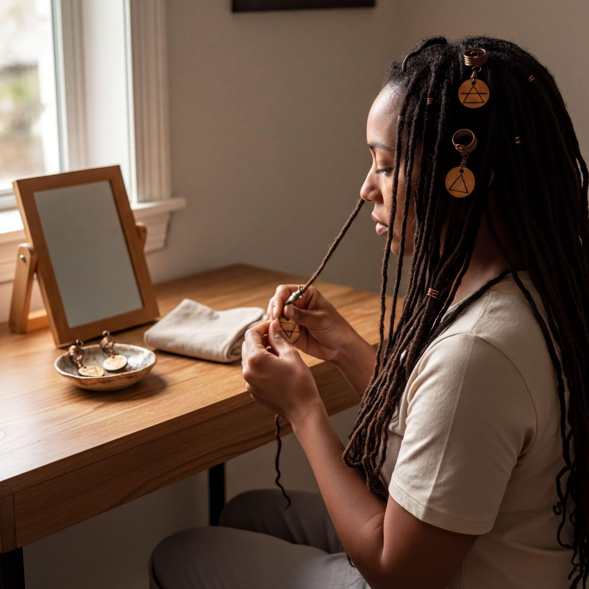 A woman with long dreadlocks is sitting at a wooden desk, focused on her work or a craft project. She is wearing a beige shirt and has several wooden accessories, such as a necklace and a bracelet, around her neck.