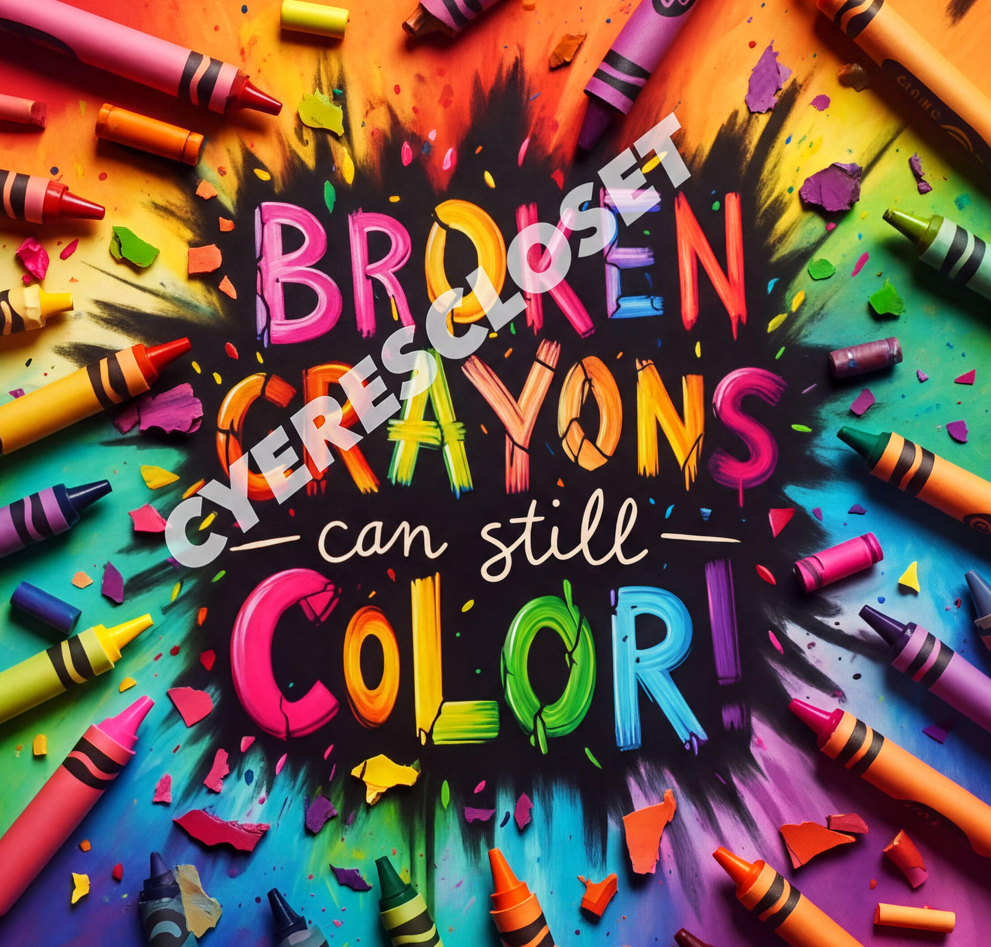a vibrant and colorful arrangement of crayons, with the text "Broken Crayons can still Color!" prominently displayed in the center.