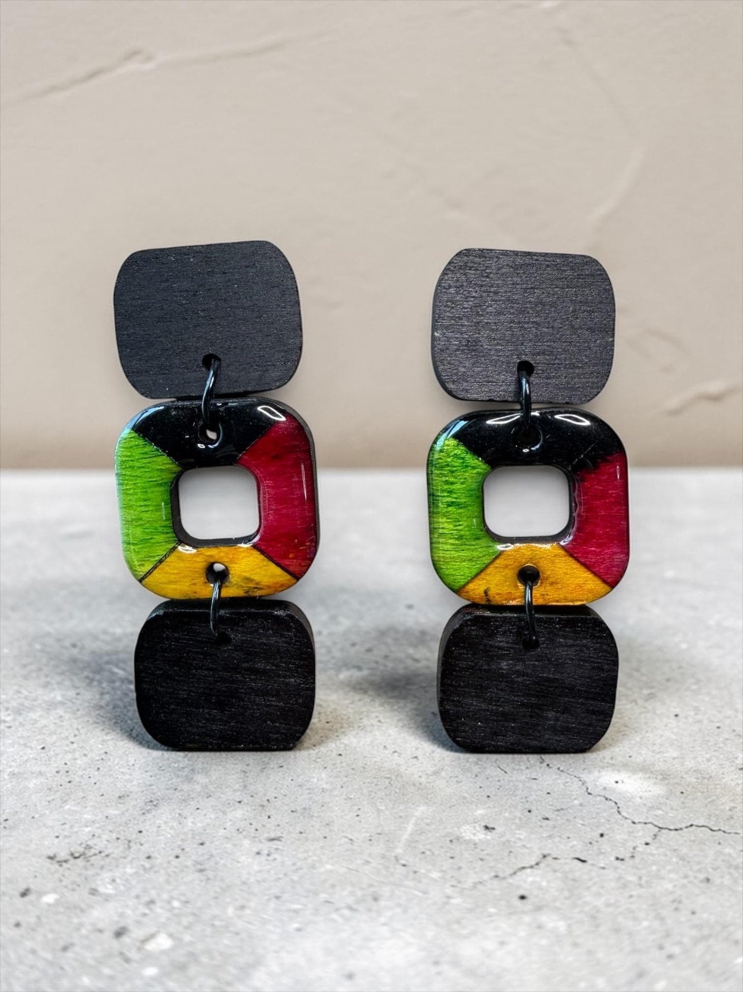 Heritage Vibe | Wooden Statement Earrings, Pan-African Geometric Cutouts - Red Green Yellow Black
