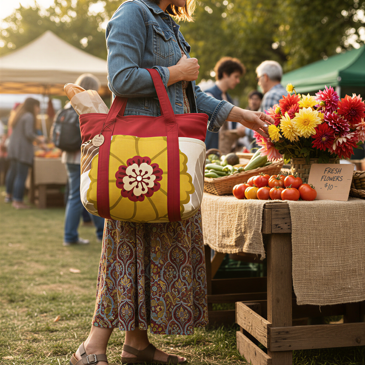A woman stands at a market stall, examining the produce on display. She is holding a red and yellow bag, and there are baskets of fresh fruits and vegetables on the table.