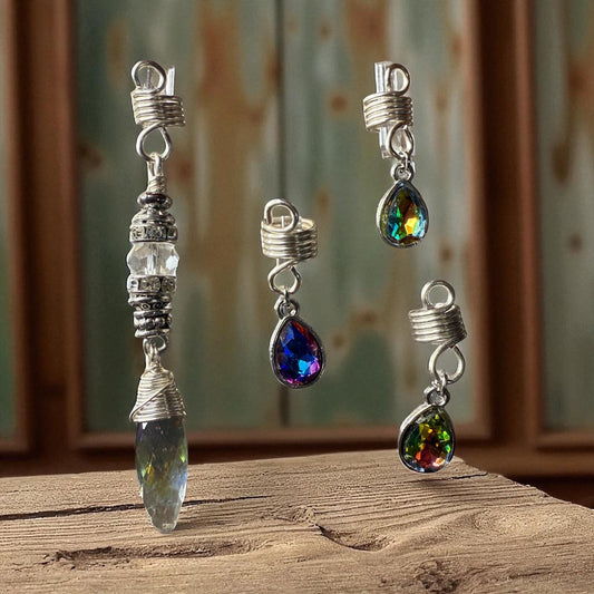 Prism Aura Glass Loc Jewelry Set: Wire Wrapped Dreadlock Charms