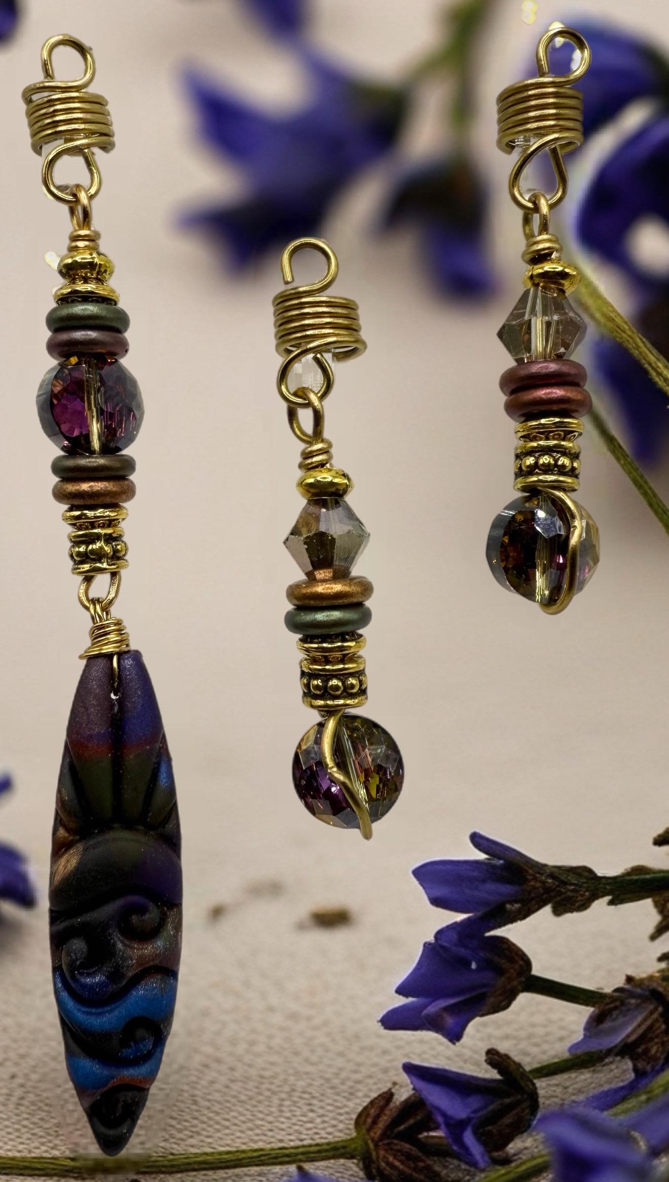 RoyalAura | Loc Jewelry Adornment Set - Jewel-Toned Glass, Gold Wire, Polymer Charm, Braided Wear