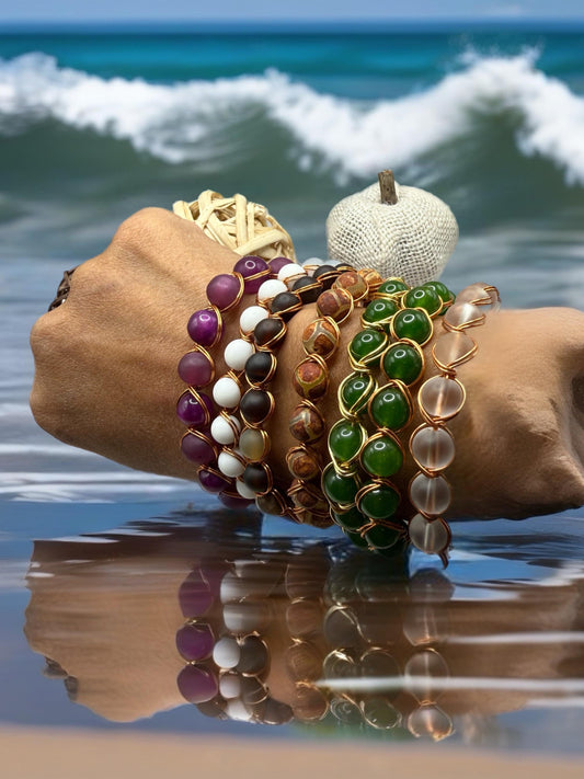 Handmade Gemstone Bangle Bracelet – Wire Wrapped, Natural Stone