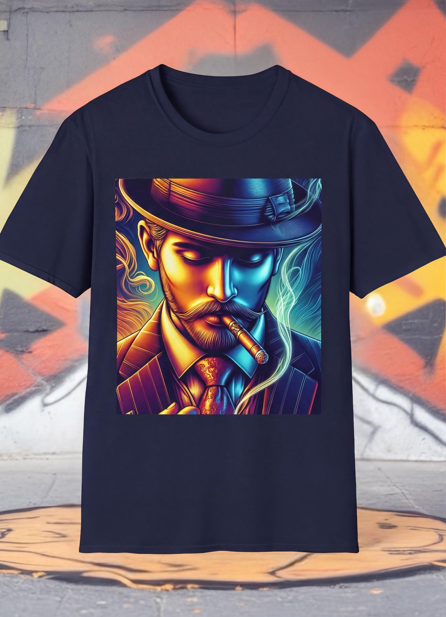 A t-shirt with a colorful graphic design depicting a man wearing a hat and smoking a cigar.