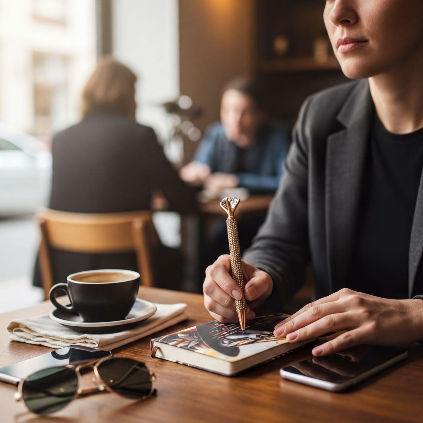A person is sitting at a table in a cafe, writing in a notebook with a pen. The table also has a cup of coffee, a smartphone, and a pair of sunglasses.