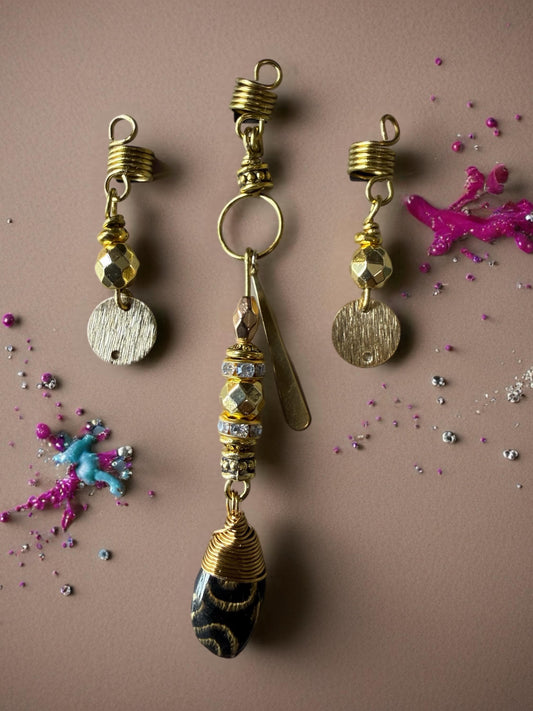 Handmade Black & Gold Labyrinth Loc Jewelry Set – Afrocentric Hair Accessories