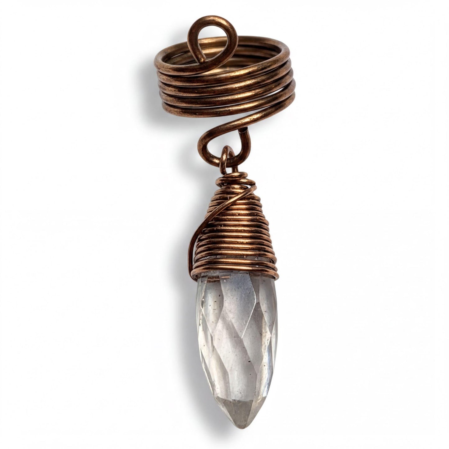 A clear crystal pendant with a twisted copper wire ring attached to it.