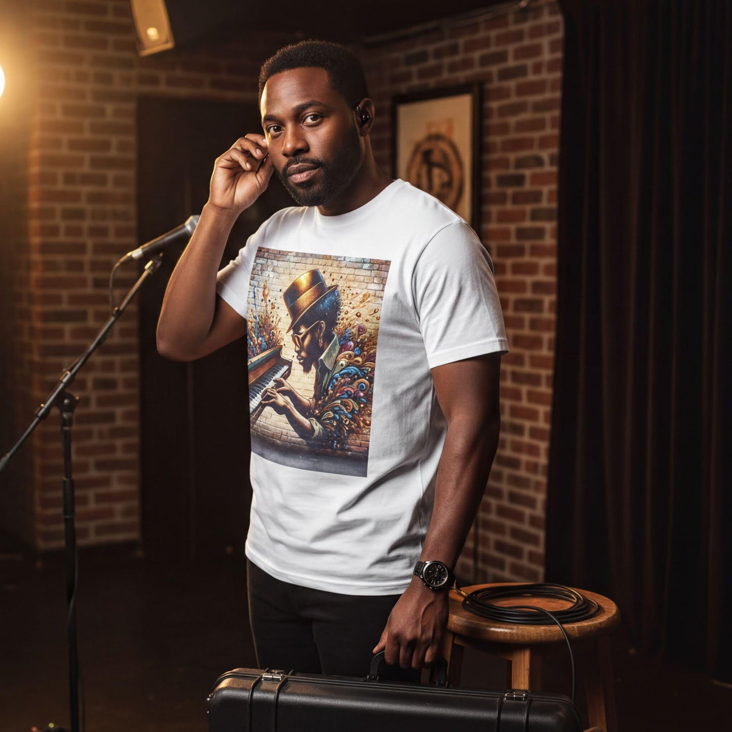 A man wearing a white t-shirt with a colorful graphic stands in a room with a microphone and a suitcase, holding a cell phone to his ear.