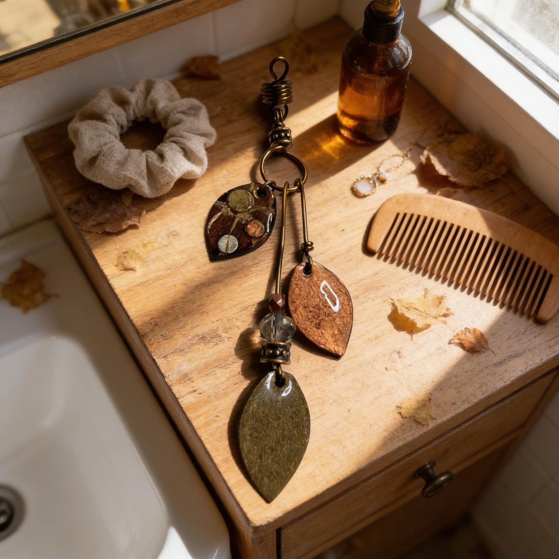 A wooden vanity with various personal care items, including a scrunchie, a necklace, a bottle of lotion, a wooden comb, and some fallen leaves, all arranged on it.