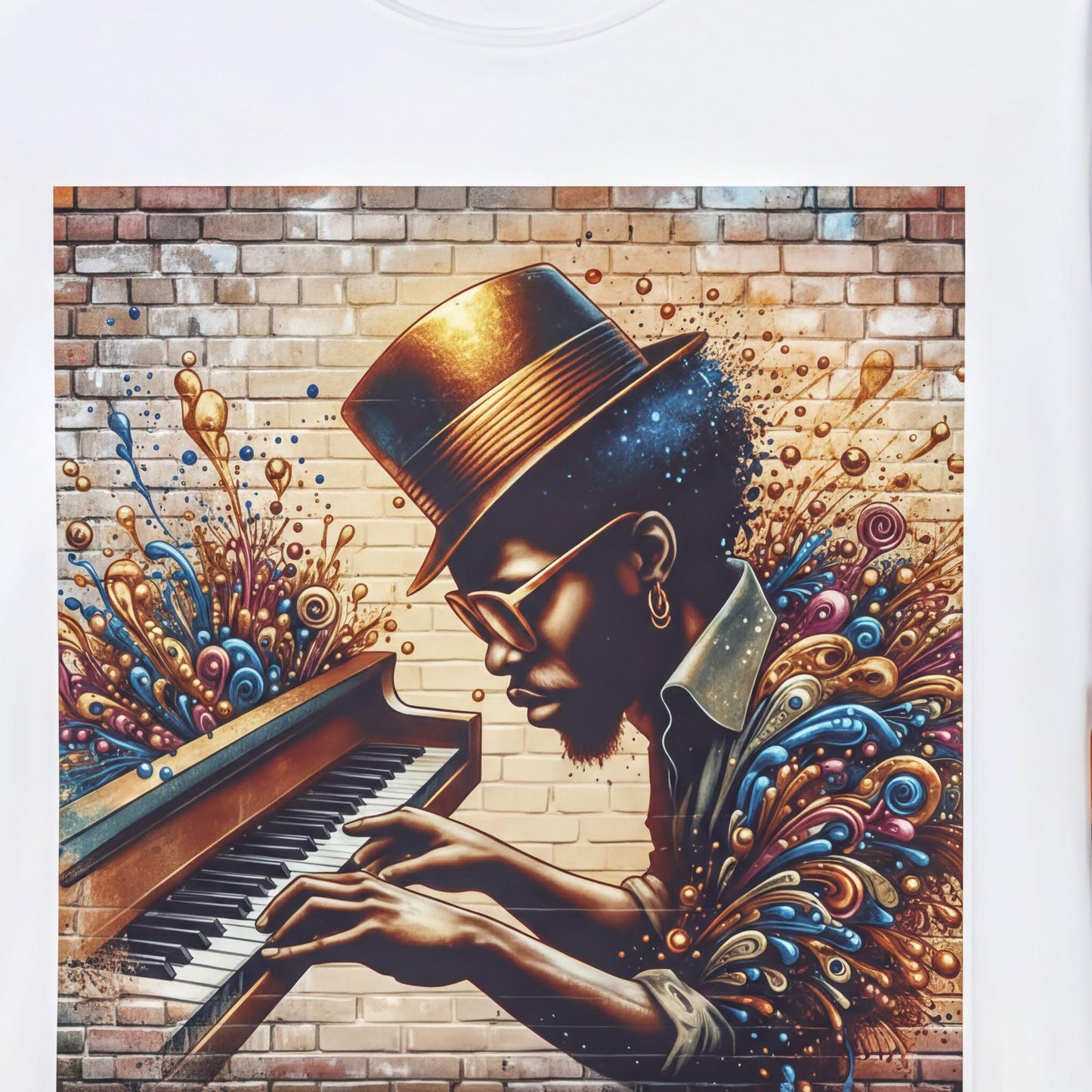 A person is playing a piano in front of a brick wall, surrounded by colorful and abstract elements.