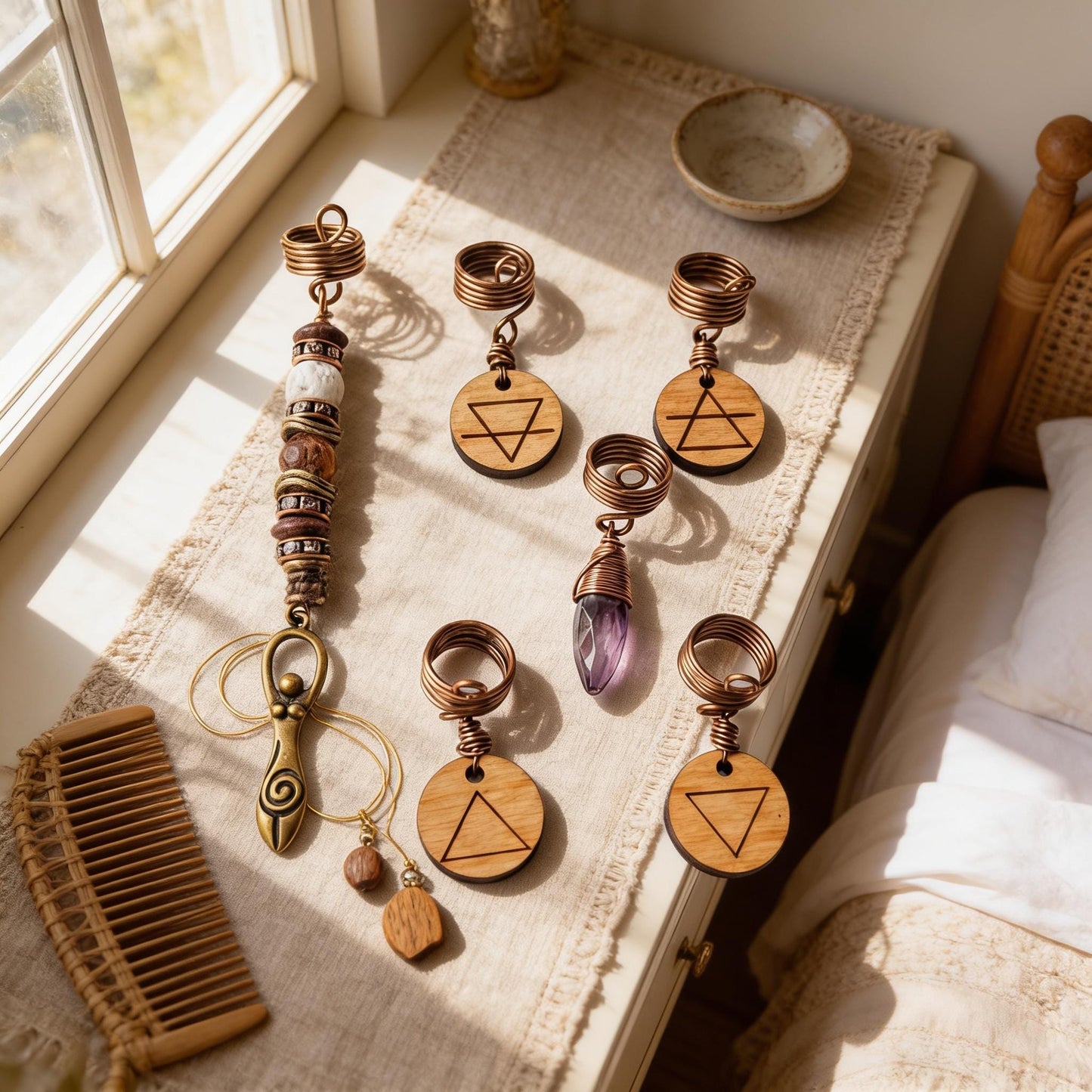 a collection of wooden jewelry and accessories, including pendants, rings, and a wooden comb, arranged on a wooden surface.