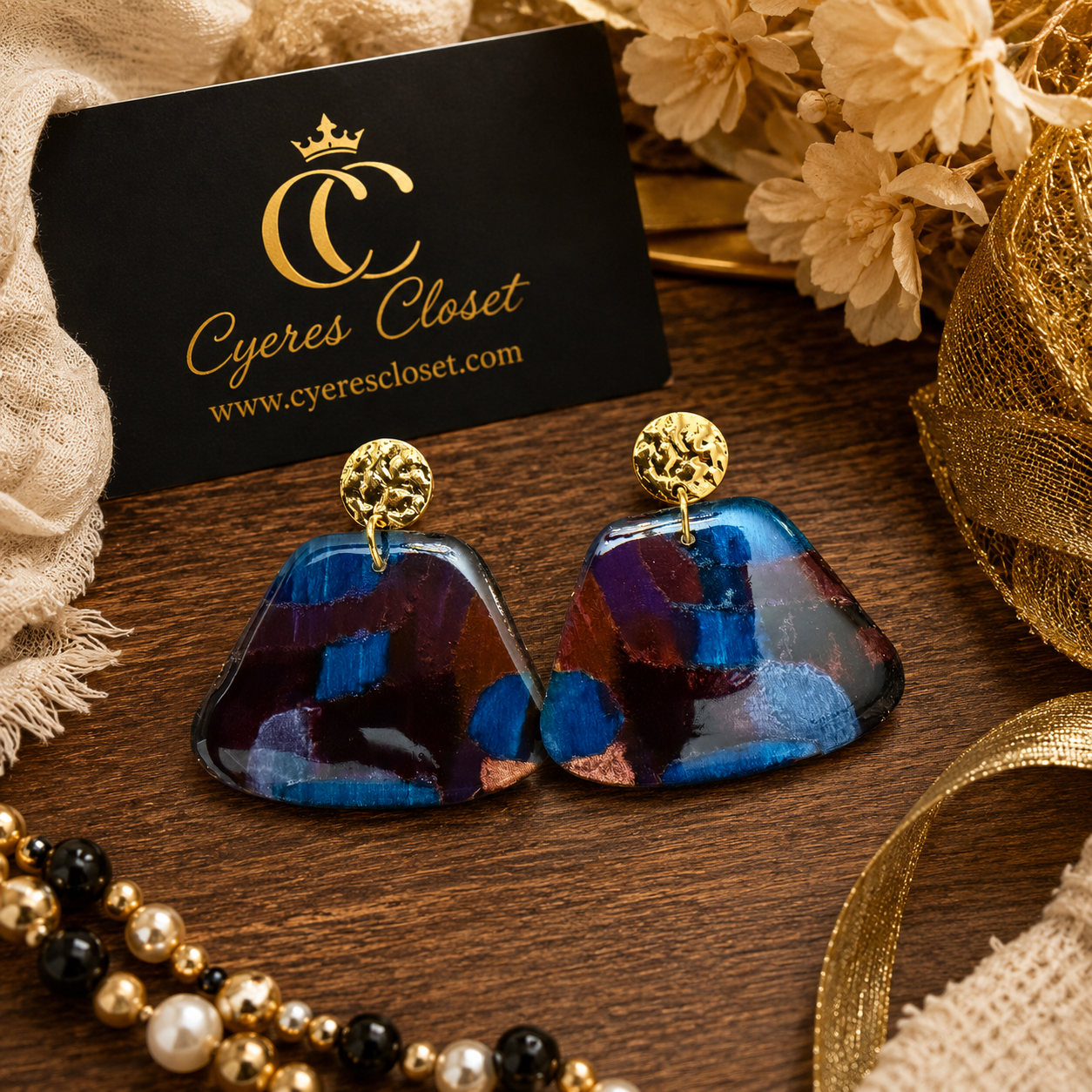 Royal Rhapsody – Hand-Painted Abstract Basswood Statement Earrings – Blue, Purple & Gold