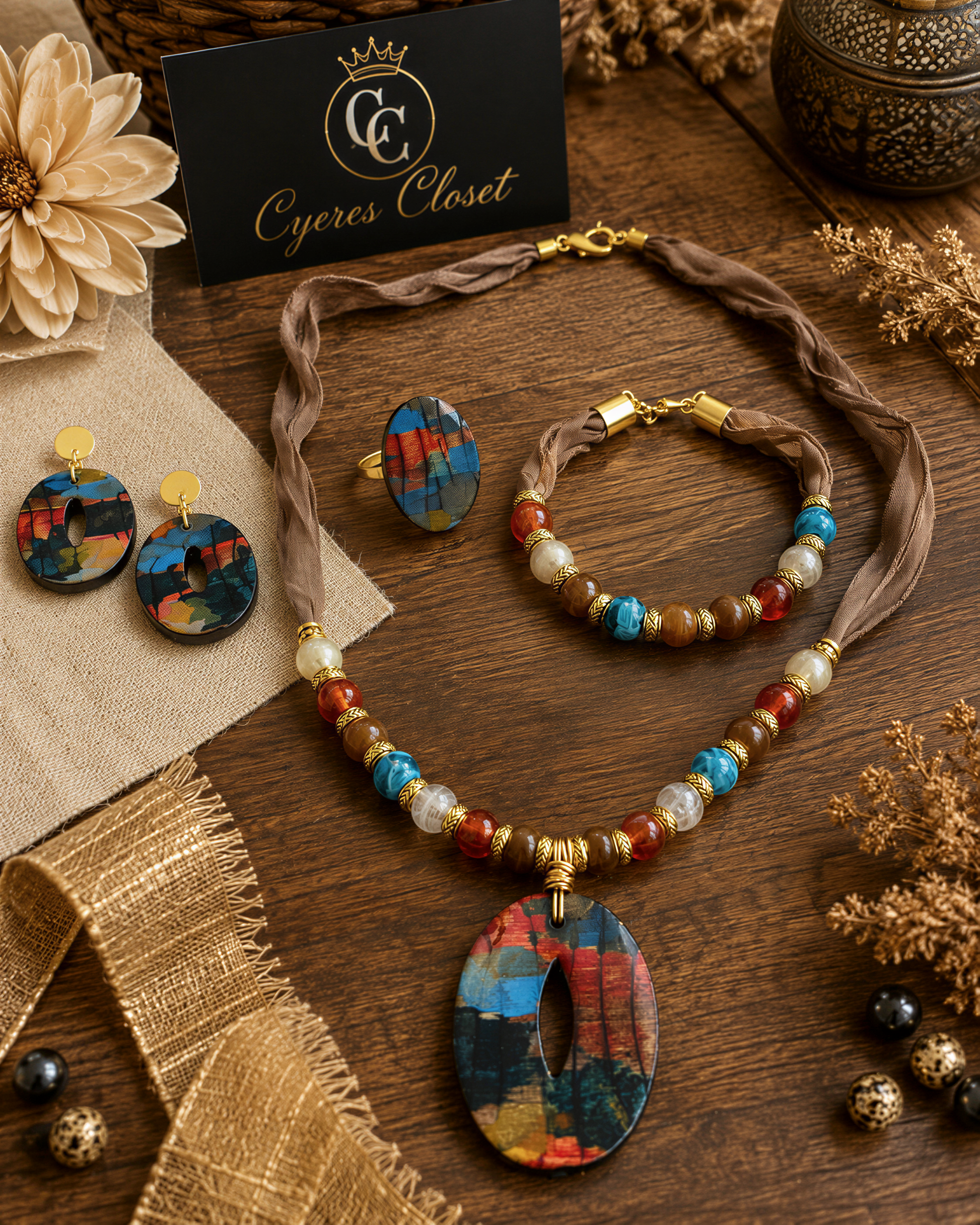 a collection of colorful and ornate jewelry and accessories, including a necklace, earrings, a bracelet, and a pendant, arranged on a wooden surface.