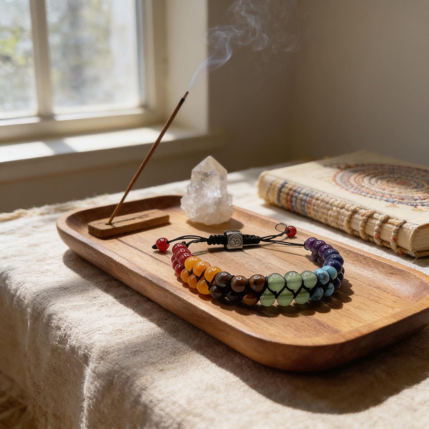 A wooden tray with a bracelet, incense, and crystals on it, placed on a table near a window.