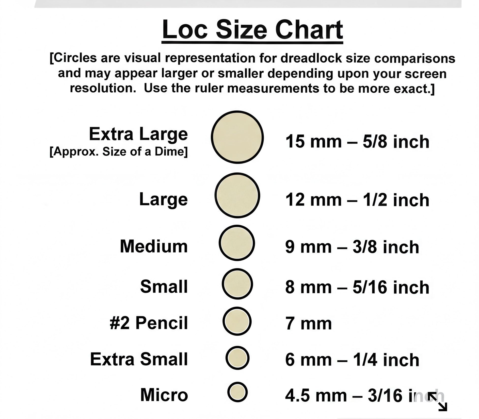 The image is a visual representation of dreadlock size comparisons, showing the relative sizes of dreadlocks in millimeters. It includes circles representing different sizes, such as extra large, large, medium, and small dreadlocks. The image provides a clear and organized way to compare the dreadlocks based on their size, allowing for a better understanding of the differences between them.