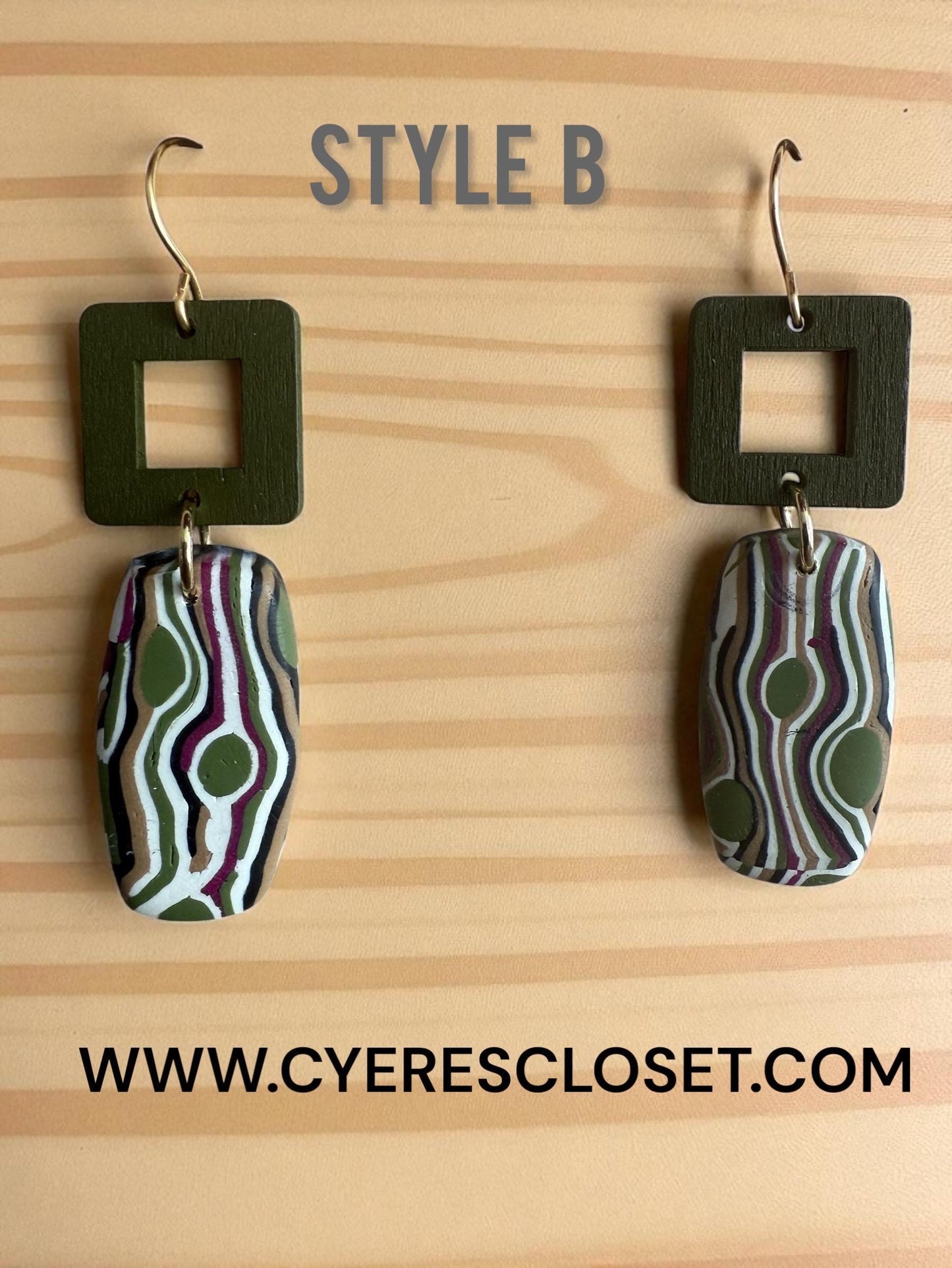Retro Earrings, Olive Green Polymer Clay Dangles | Brushed Gold Geometric Charms - Lightweight Handmade