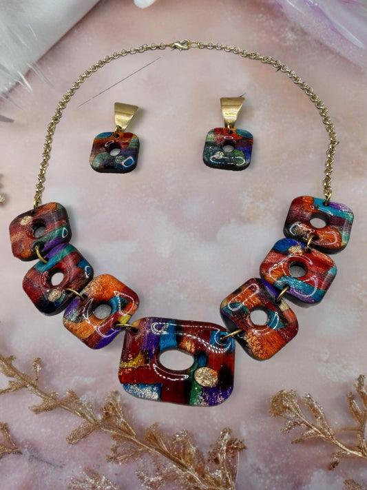 Starlit Mosaic Statement Necklace & Earring Set Collection | Handmade Artisan Jewelry | Colorful Wood Jewelry