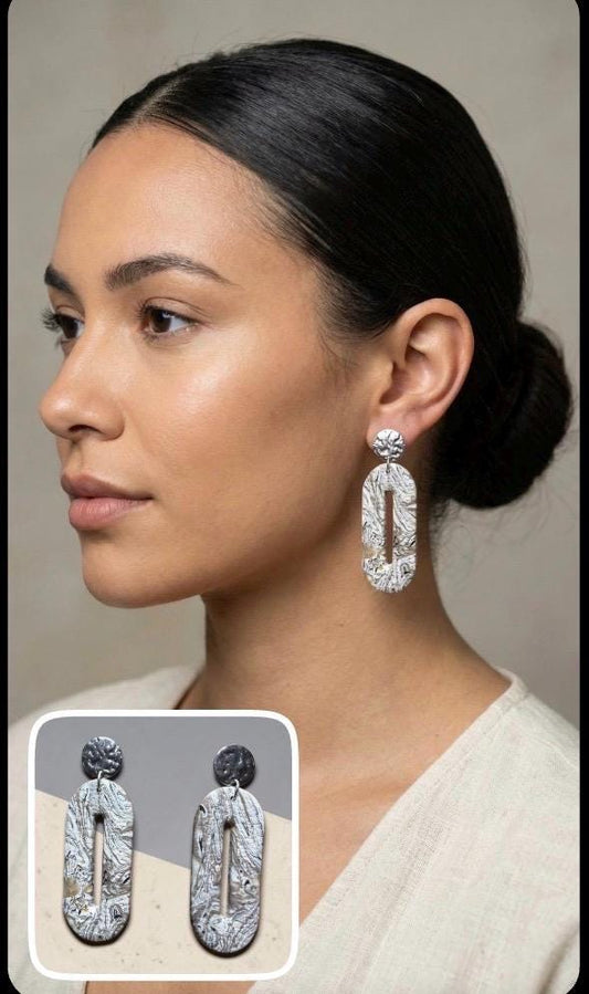 Stone Drift Collection Handmade Marble-Style Statement Earrings | Neutral Clay Dangles | Designs by Cyere