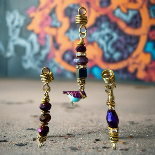 Purple & Gold Bird Loc Jewelry Set: Handmade Beaded Hair Charms