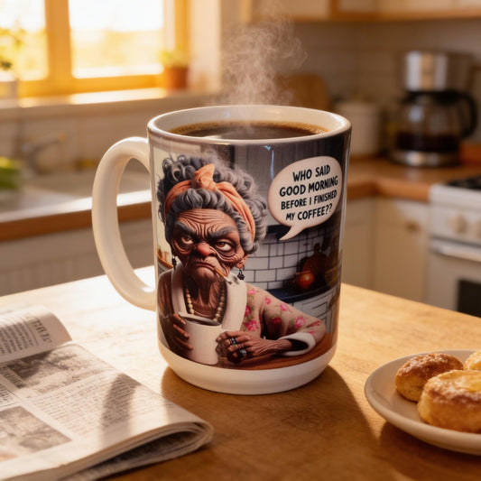 A mug with a cartoon image of an elderly woman sitting at a table, holding a cup of coffee, with steam rising from it. The mug has a speech bubble that says "Who said good morning before I finished my coffee?".